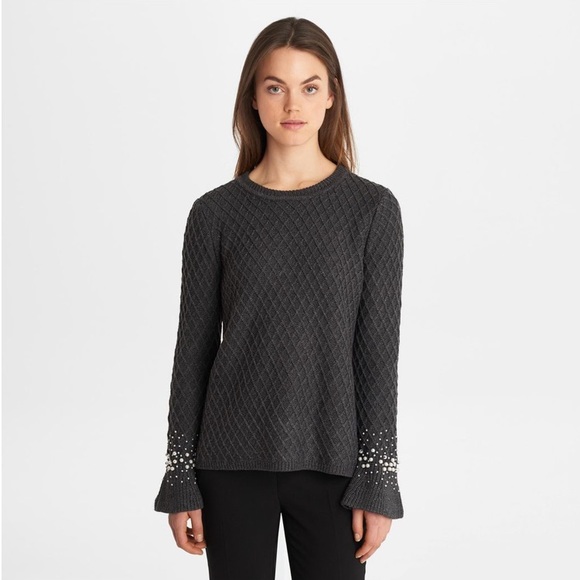 Karl Lagerfeld Gray Quilted Pearl Sleeve Sweater - Picture 1 of 8